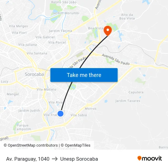 Av. Paraguay, 1040 to Unesp Sorocaba map