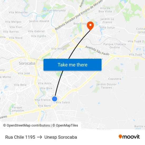 Rua Chile 1195 to Unesp Sorocaba map