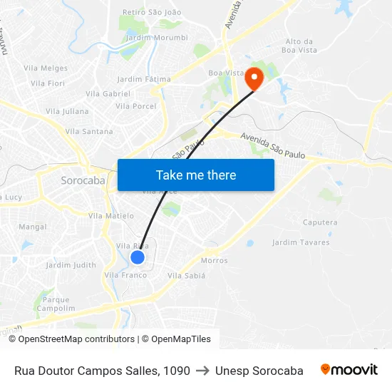 Rua Doutor Campos Salles, 1090 to Unesp Sorocaba map