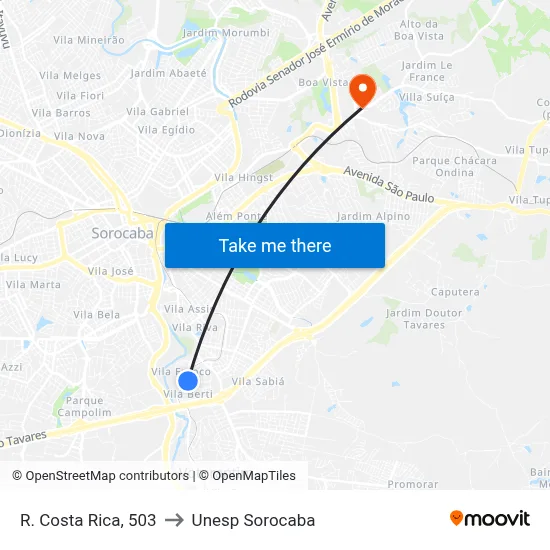 R. Costa Rica, 503 to Unesp Sorocaba map