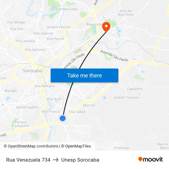 Rua Venezuela 734 to Unesp Sorocaba map