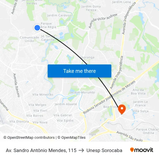 Av. Sandro Antônio Mendes, 115 to Unesp Sorocaba map
