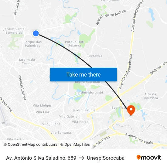Av. Antônio Silva Saladino, 689 to Unesp Sorocaba map