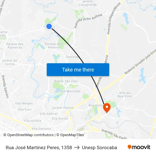 Rua José Martinez Peres, 1358 to Unesp Sorocaba map