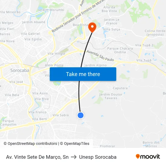 Av. Vinte Sete De  Março, Sn to Unesp Sorocaba map