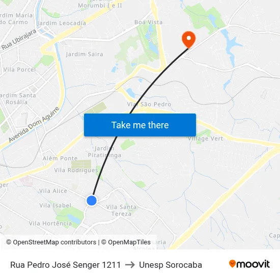 Rua Pedro José Senger 1211 to Unesp Sorocaba map