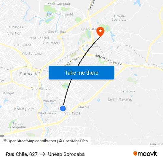 Rua Chile, 827 to Unesp Sorocaba map