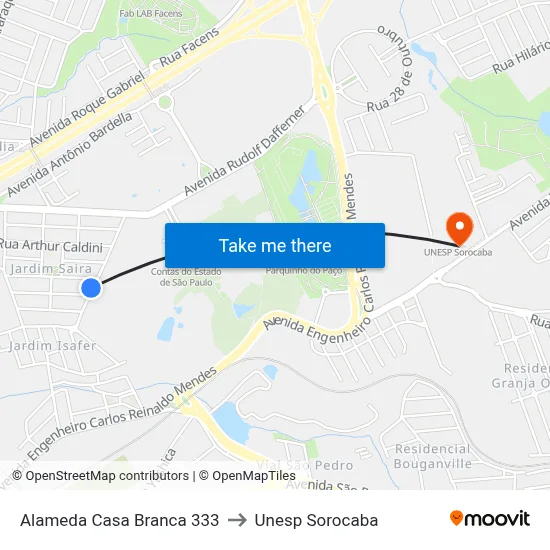 Alameda Casa Branca 333 to Unesp Sorocaba map