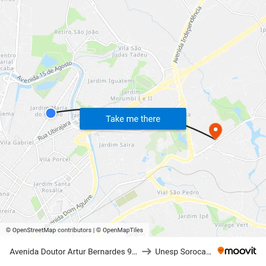 Avenida Doutor Artur Bernardes 933 to Unesp Sorocaba map