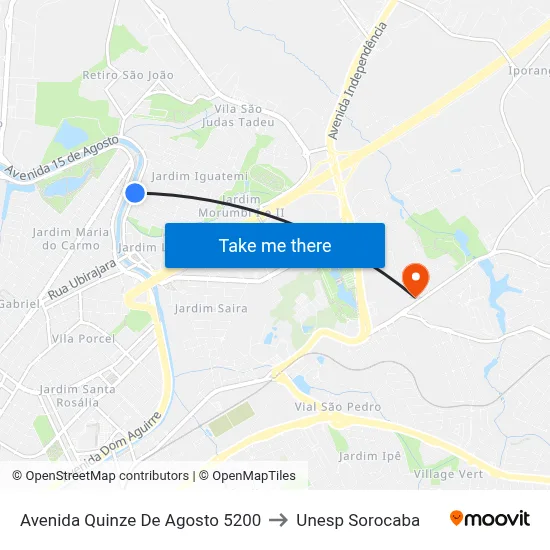 Avenida Quinze De Agosto 5200 to Unesp Sorocaba map