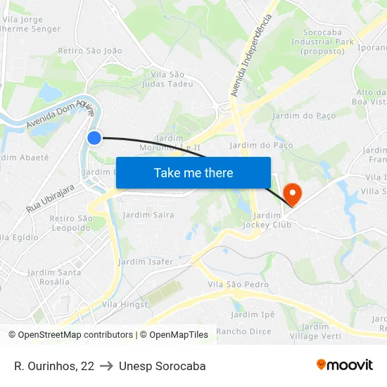 R. Ourinhos, 22 to Unesp Sorocaba map
