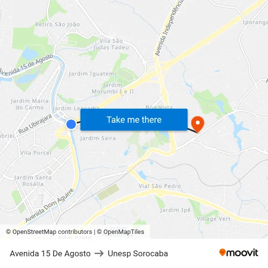 Avenida 15 De Agosto to Unesp Sorocaba map