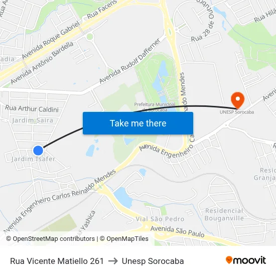 Rua Vicente Matiello 261 to Unesp Sorocaba map