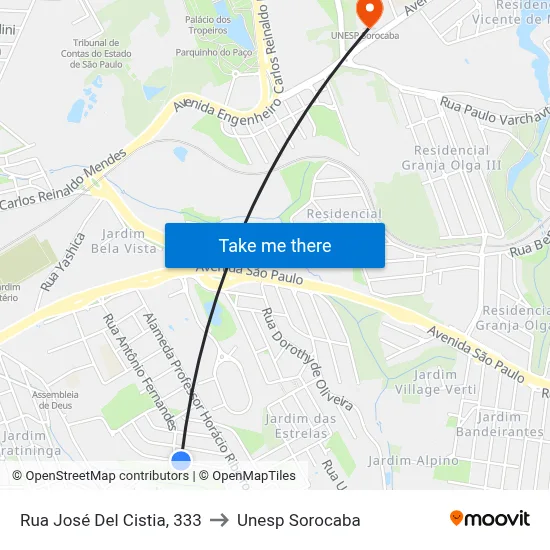 Rua José Del Cistia, 333 to Unesp Sorocaba map