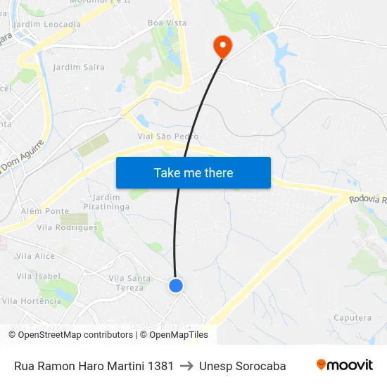 Rua Ramon Haro Martini 1381 to Unesp Sorocaba map