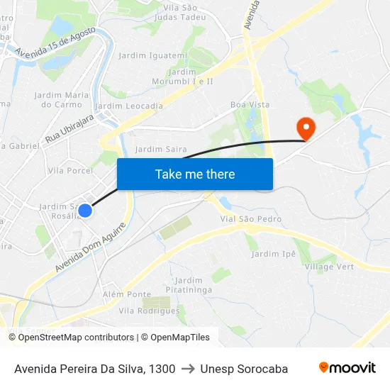 Avenida Pereira Da Silva, 1300 to Unesp Sorocaba map