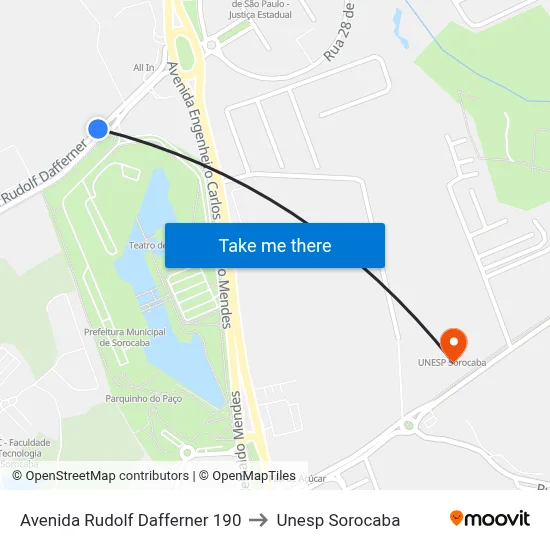 Avenida Rudolf Dafferner 190 to Unesp Sorocaba map