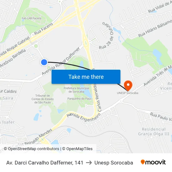 Av. Darci Carvalho Dafferner, 141 to Unesp Sorocaba map