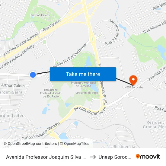 Avenida Professor Joaquim Silva 1176 to Unesp Sorocaba map