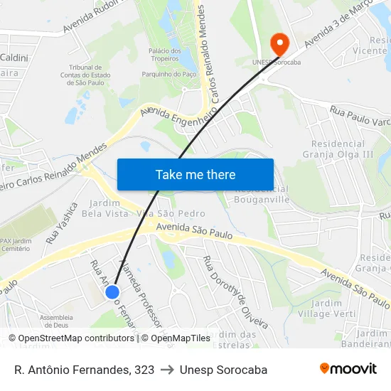 R. Antônio Fernandes, 323 to Unesp Sorocaba map