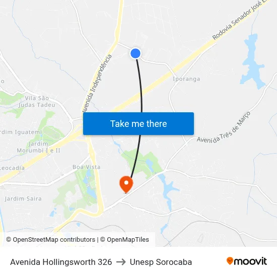 Avenida Hollingsworth 326 to Unesp Sorocaba map