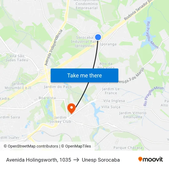 Avenida Holingsworth, 1035 to Unesp Sorocaba map