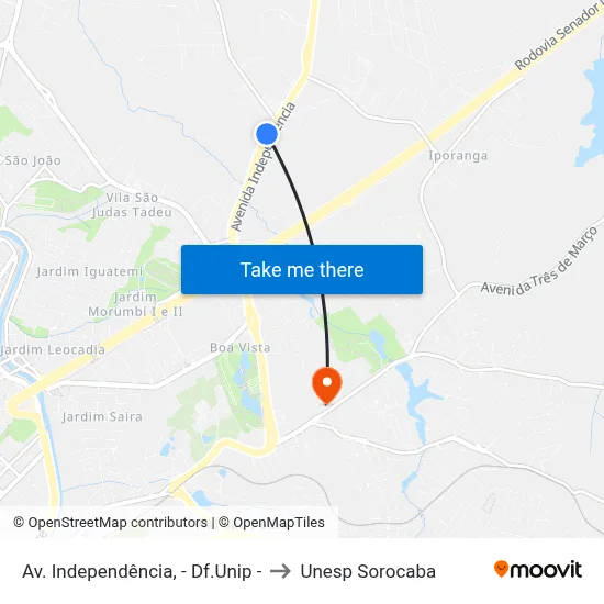 Av. Independência, - Df.Unip - to Unesp Sorocaba map