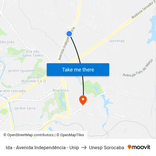 Ida - Avenida Independência - Unip to Unesp Sorocaba map