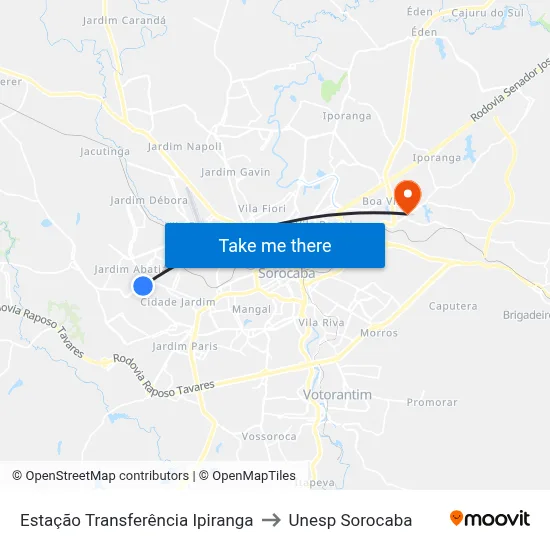 Estação Transferência Ipiranga to Unesp Sorocaba map