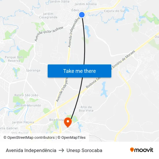 Avenida Independência to Unesp Sorocaba map