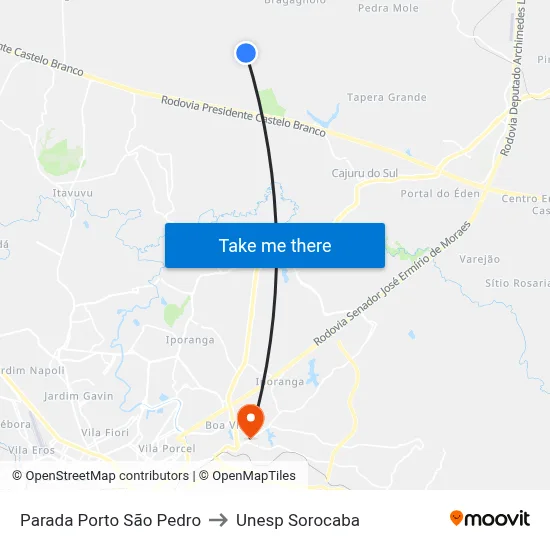 Parada Porto São Pedro to Unesp Sorocaba map
