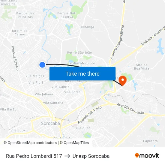 Rua Pedro Lombardi 517 to Unesp Sorocaba map