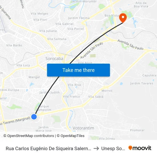 Rua Carlos Eugênio De Siqueira Salerno, Defronte Nº 568 to Unesp Sorocaba map