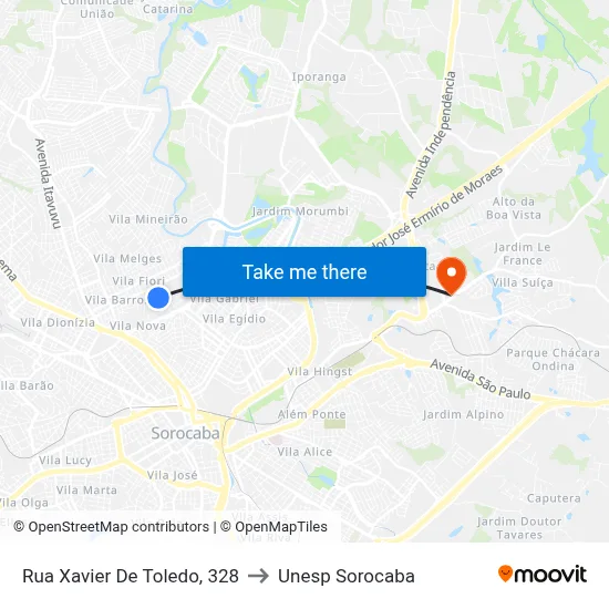 Rua  Xavier De Toledo, 328 to Unesp Sorocaba map