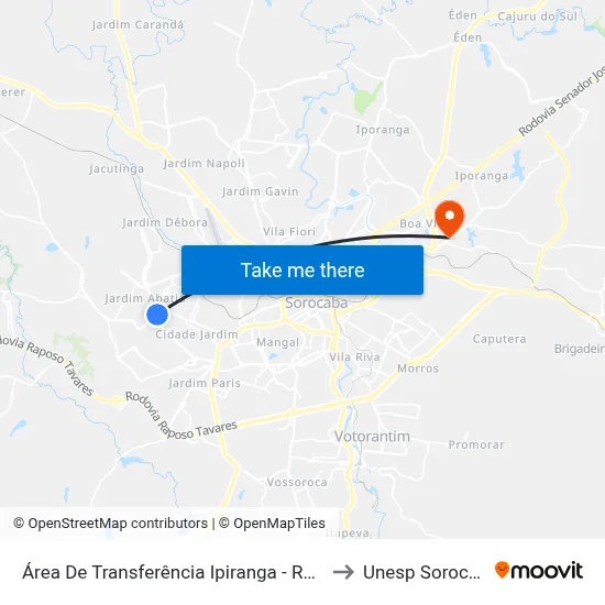 Área De Transferência Ipiranga - Ramo B to Unesp Sorocaba map