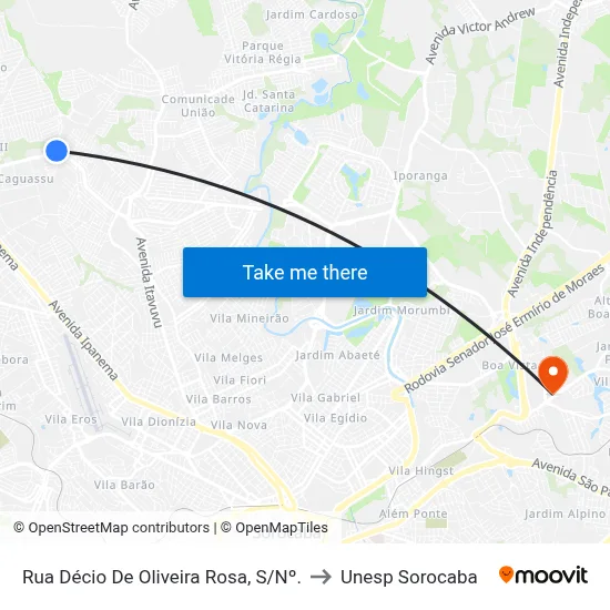 Rua  Décio De Oliveira Rosa, S/Nº. to Unesp Sorocaba map