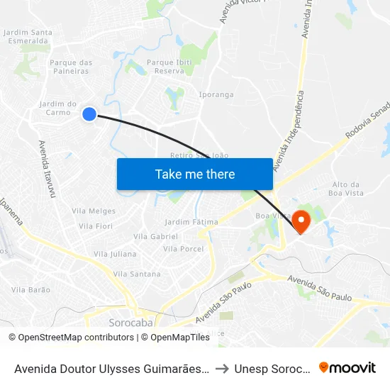 Avenida Doutor Ulysses Guimarães 1512 to Unesp Sorocaba map