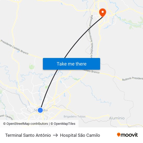 Terminal Santo Antônio to Hospital São Camilo map