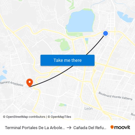 Terminal Portales De La Arboleda to Cañada Del Refugio map