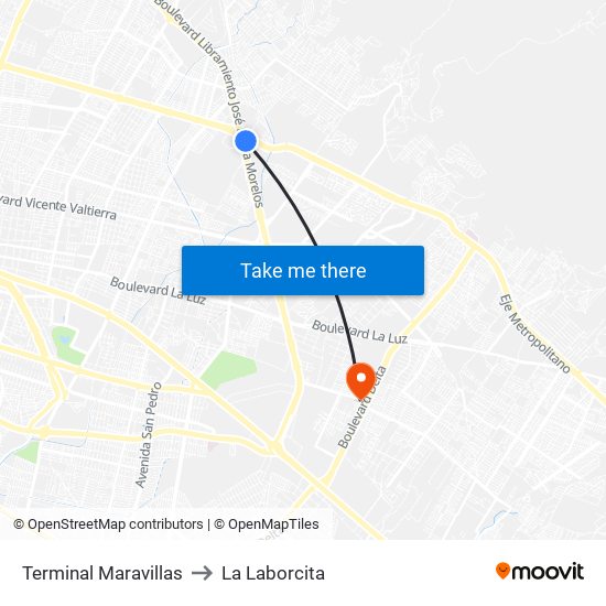 Terminal Maravillas to La Laborcita map