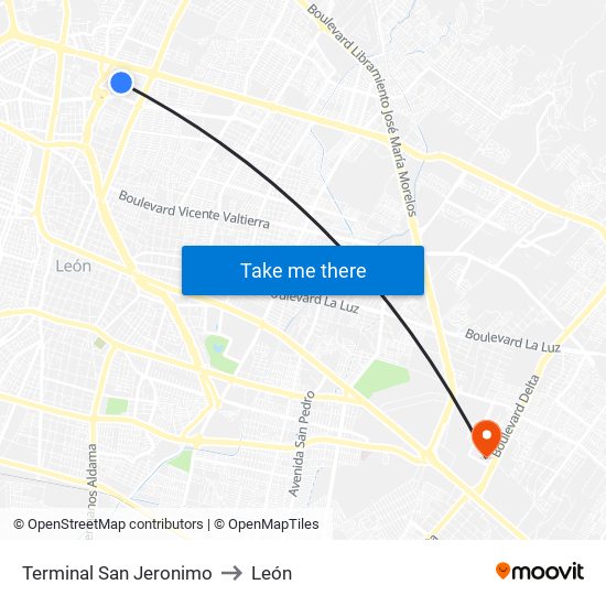 Terminal San Jeronimo to León map