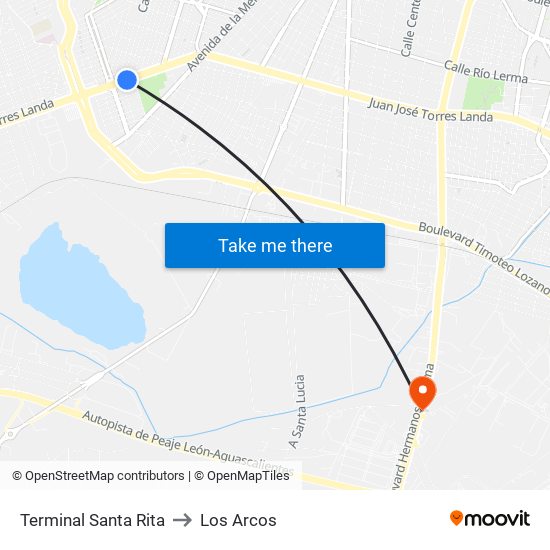 Terminal Santa Rita to Los Arcos map