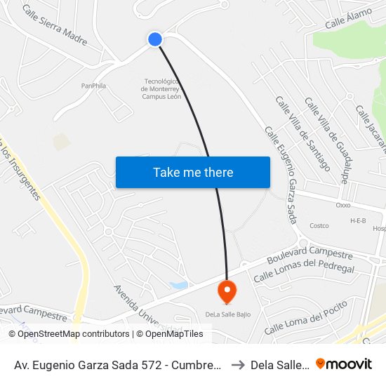 Av. Eugenio Garza Sada 572 - Cumbres Del Campestre to Dela Salle Bajio map