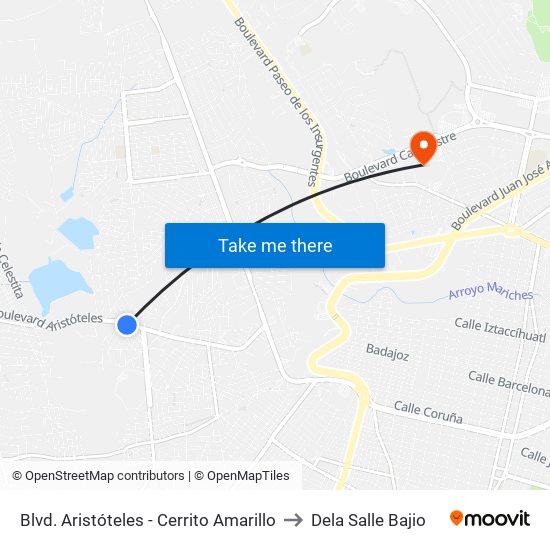 Blvd. Aristóteles - Cerrito Amarillo to Dela Salle Bajio map