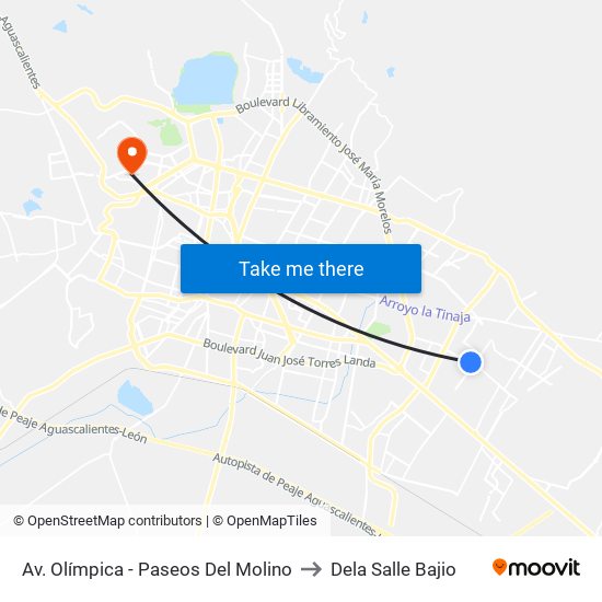 Av. Olímpica - Paseos Del Molino to Dela Salle Bajio map