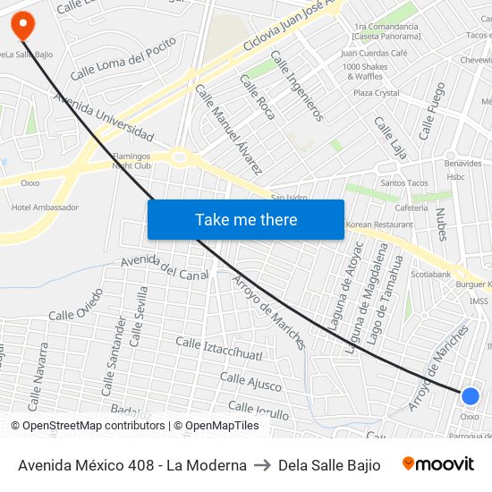 Avenida México 408 - La Moderna to Dela Salle Bajio map