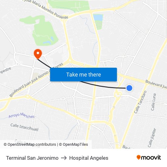 Terminal San Jeronimo to Hospital Angeles map