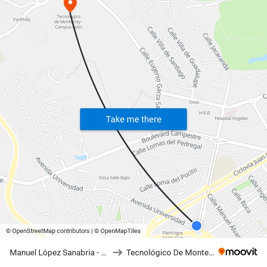 Manuel López Sanabria - Lomas Del Campestre to Tecnológico De Monterrey - Campus León map