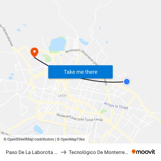 Paso De La Laborcita - La Esperanza to Tecnológico De Monterrey - Campus León map