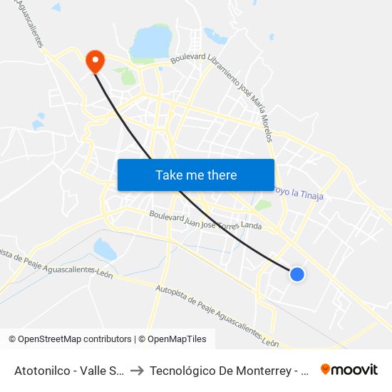 Atotonilco - Valle San Javier to Tecnológico De Monterrey - Campus León map